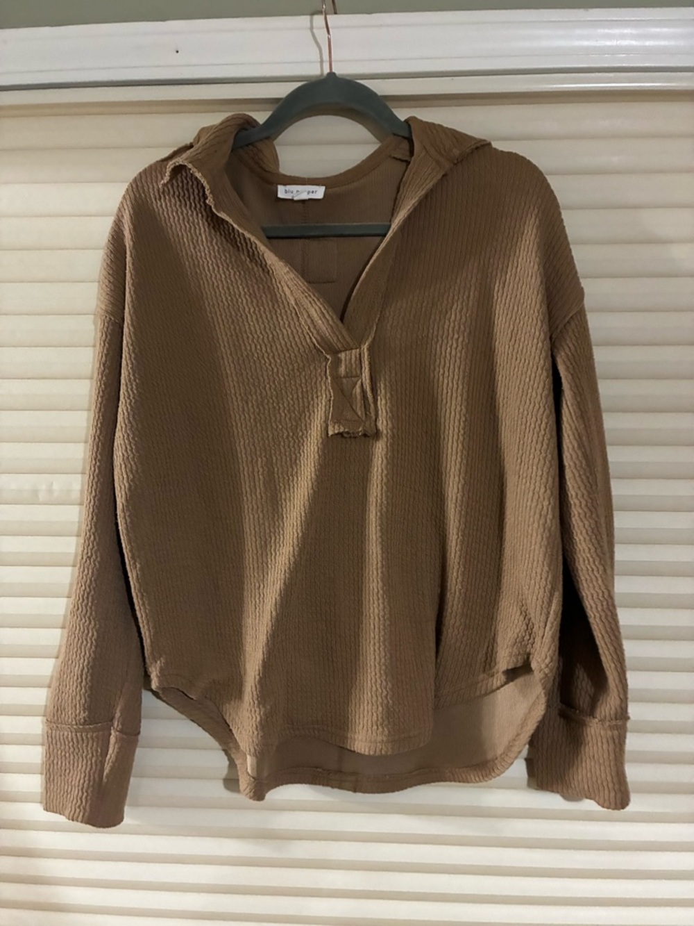 Blu Pepper Waffle-Knit V-Neck Hooded Sweater - Tan